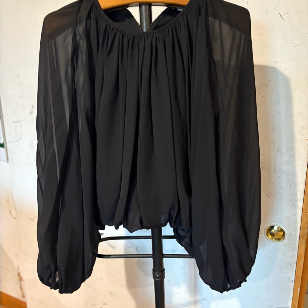 Women’s black Halston top with sheer sleeves